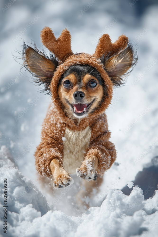 Fototapeta premium Small dog in festive hoodie with antlers running toward camera through deep snow. Playful and joyful winter moment full of holiday energy.