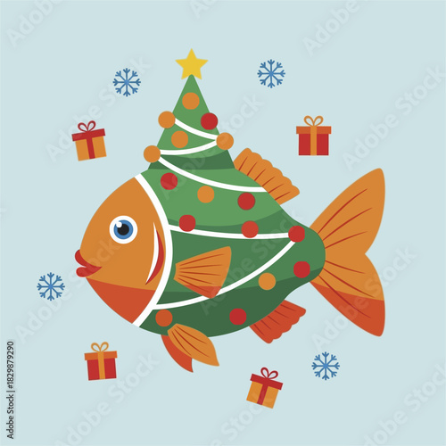 Festive fish adorned with Christmas tree decorations swimming in winter.