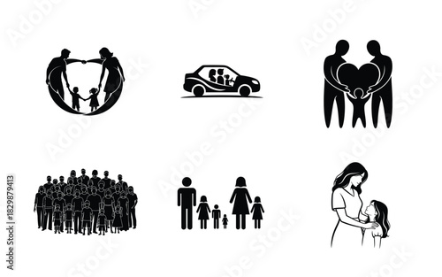 Collection of family silhouette icons representing love togetherness and care
