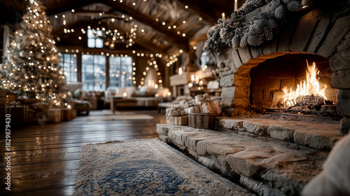 Flames crackle in stone fireplace surrounded by holiday decorations. Warm glow fills rustic cabin setting with plush seating and a decorated Christmas tree