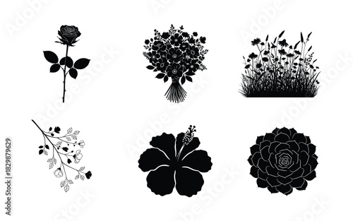 Collection of black and white floral silhouettes for design elements
