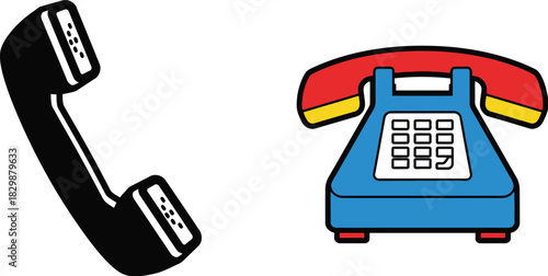 A colorful illustration depicting a vintage telephone handset and its base