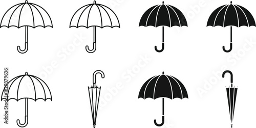 A collection of various black and white umbrella illustrations in different styles