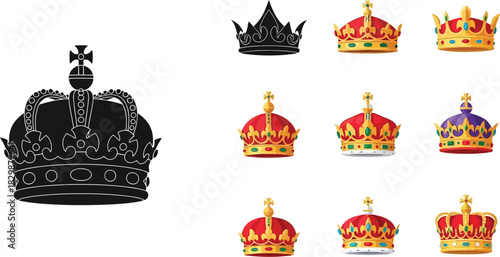 Collection of ornate royal crowns in varying styles and colors displayed