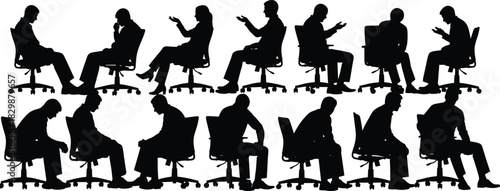 Silhouettes of person seated in twelve expressive poses on office chair, black and white illustration, emotional posture and gesture study