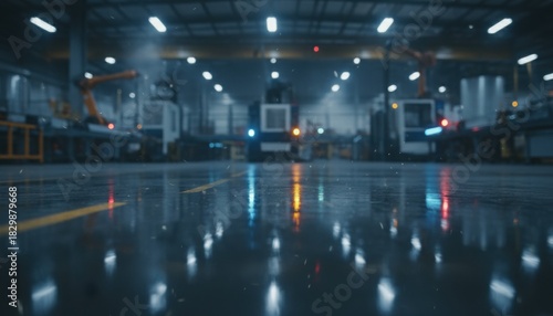 Moody view across reflective factory floor toward robotic machines and bright signals portrays advanced industrial automation in a modern night shift production hall