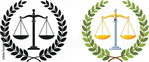 Scales of justice emblems in black and gold surrounded by laurel wreaths