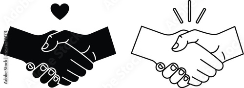 A visual representation of a handshake with a heart above it in two styles