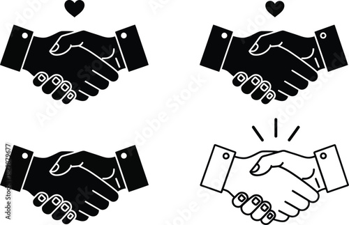 Black and white illustrations depicting handshakes and a heart symbol