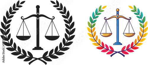 Scales of justice emblems with laurel wreaths in black and vibrant color