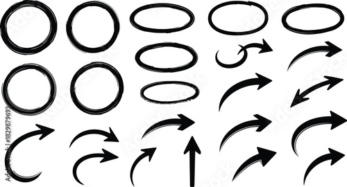 Collection of black circular shapes and curved arrows on a white background