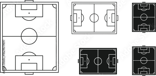 Aerial view diagrams of soccer fields with goals and center circles