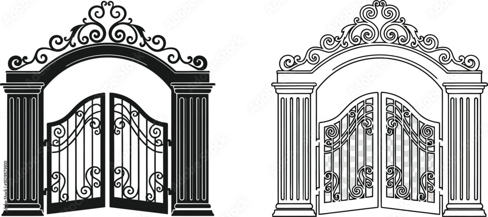 Fototapeta premium Elegant ornate gates a detailed black and white illustration of entranceways