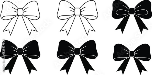 A collection of simple black and white bow illustrations in varying styles