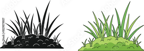 Side by side illustration of grass clumps one in color and one in monochrome