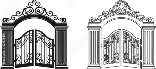 Elegant ornate gates a detailed black and white illustration of entranceways