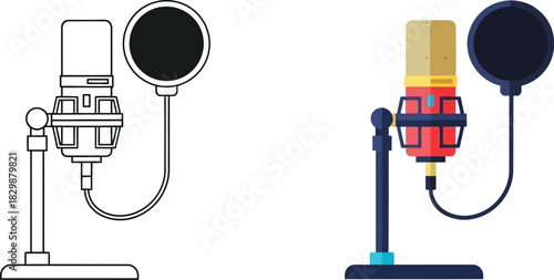 Two vintage style microphones in black and white and color illustration