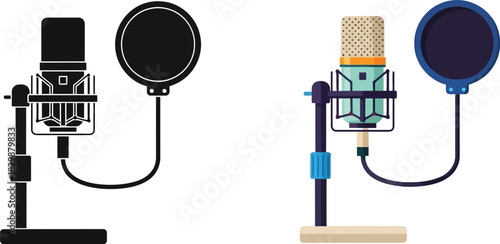 Detailed illustrations of studio microphones with pop filters in varying styles