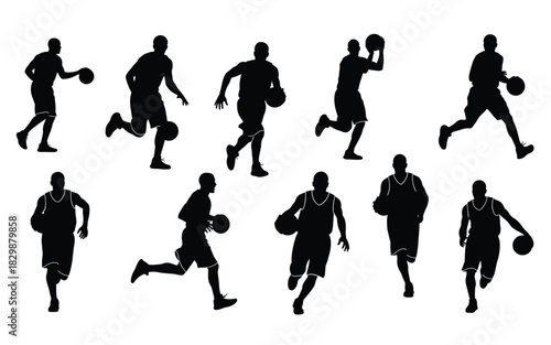 Basketball player silhouettes in action dribbling shooting and running with the ball