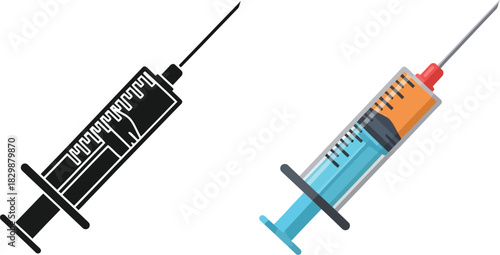 Two syringes one outlined in black and one in full color are shown