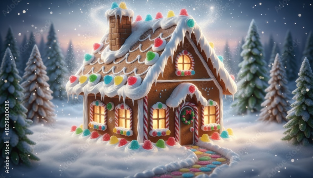 Fototapeta premium gingerbread house decorated with candy in snowy forest presenting christmas tradition and festive imagination