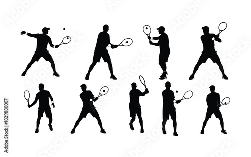 Tennis player silhouettes in action serving hitting and ready to play