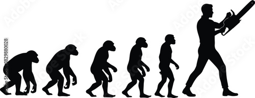 Silhouette of human evolution from primate to chainsaw-wielding figure, black and white illustration, development and environmental impact theme