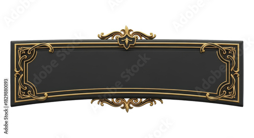 Elegant ornate curved dark grey banner frame with luxurious gold classical scrollwork borders, an isolated decorative graphic element perfect for vintage titles, nameplates, or message backdrops