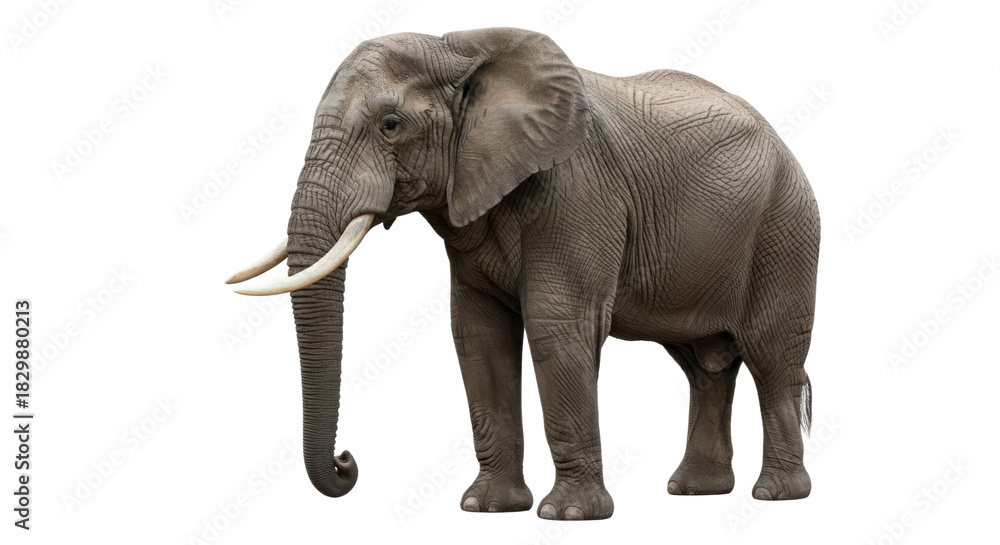 Obraz premium African elephant with long tusks, side view isolated PNG with Transparent Background