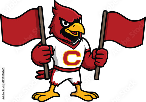 Cartoon red bird mascot holding two flags, athletic uniform with letter C, strong determined pose, sports team spirit illustration design