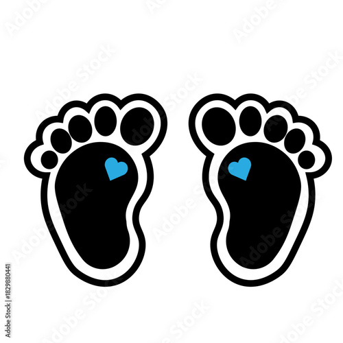 Baby boy footprints. Black and blue kids feet. Stickers for baby shower party. Vector isolated illustration.