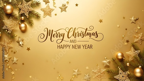 Merry Christmas and Happy New Year Vector Illustration with Gold Stars Border Frame

