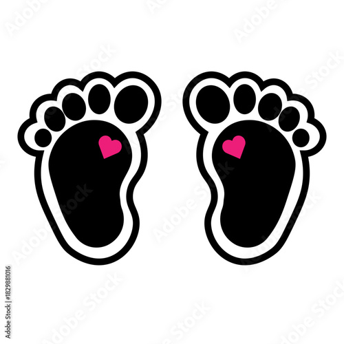 baby girl footprints. Black and pink kids feet. Stickers for baby shower party. Vector isolated illustration.