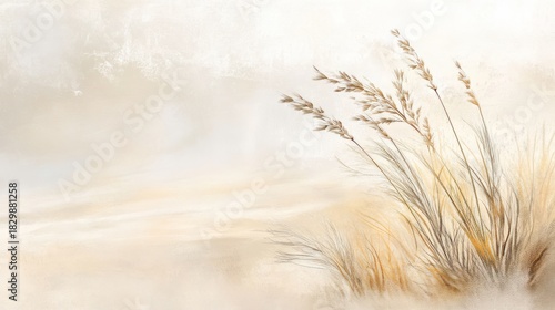 Painting of a plant with long stems and green leaves on a light background