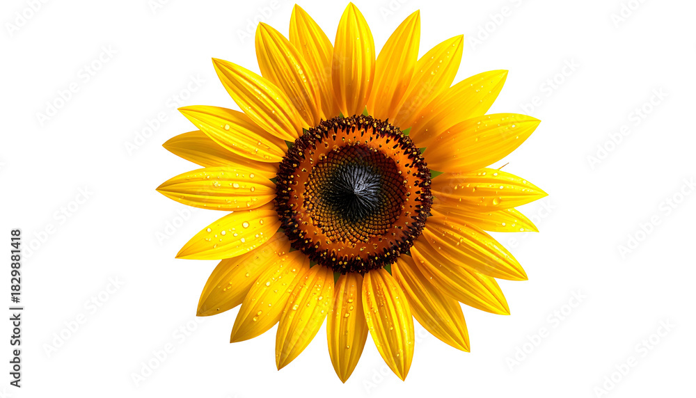 Fototapeta premium A bright sunflower with yellow petals and a dark center, isolated on a black background