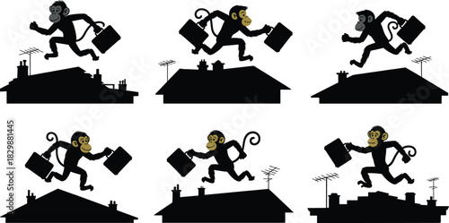Cartoon monkeys in business suits leaping across rooftops with briefcases, urban silhouette illustration set, dynamic motion concept, white backgroundCartoon monkeys in business suits leaping across