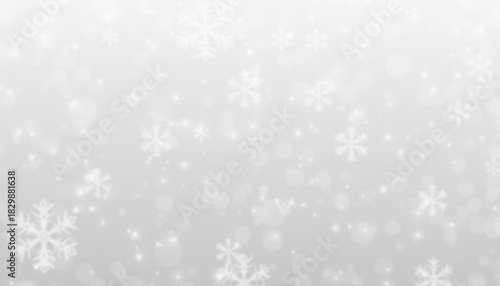 Snowfall Christmas background. Subtle flying snow flakes and stars gray white gradient background. Beauteous winter silver snowflake overlay template. Simple background for christmas.