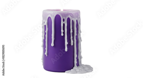 Burning Purple Candle with White Dripping Wax on White Background