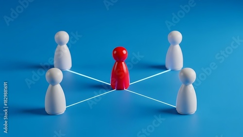 Distinctive red individual leading a collaborative network of white figures, embodying strategic importance, central influence, and unique identity within a team structure