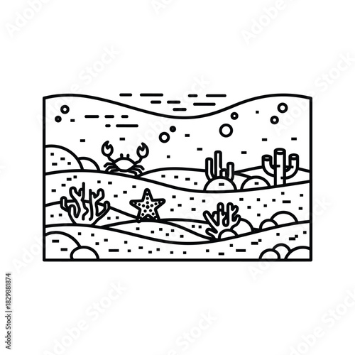 Outline drawing of an underwater scene with coral, starfish, and crab on a