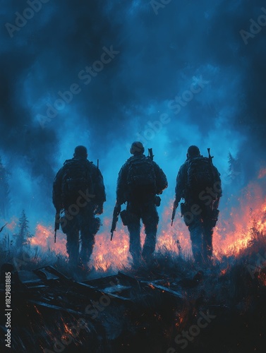 Three military men share a moment of camaraderie by a broken tank in a glowing blue haze under a dramatic sky
