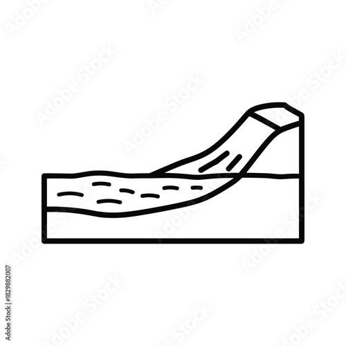 Simple black and white line icon representing a water slide or flume with water flowing down into a pool