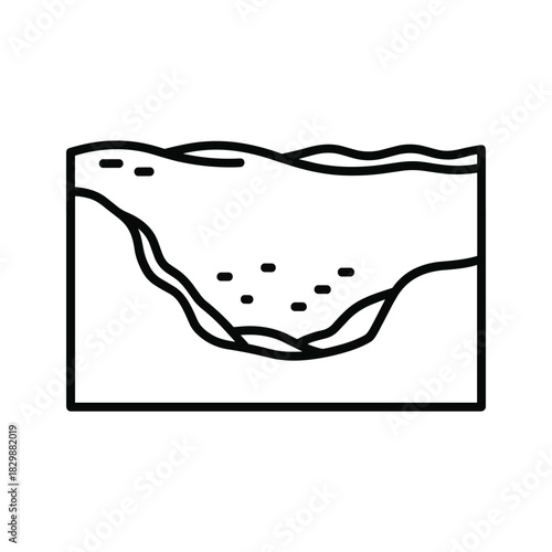 Simple black and white line icon illustration depicting a geological cross section or depression isolated on