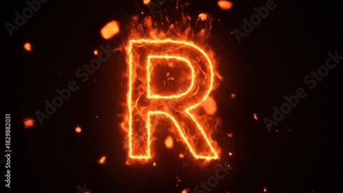 Flaming R Letter with Dynamic Fire Effects and Glowing Sparks on Dark Background