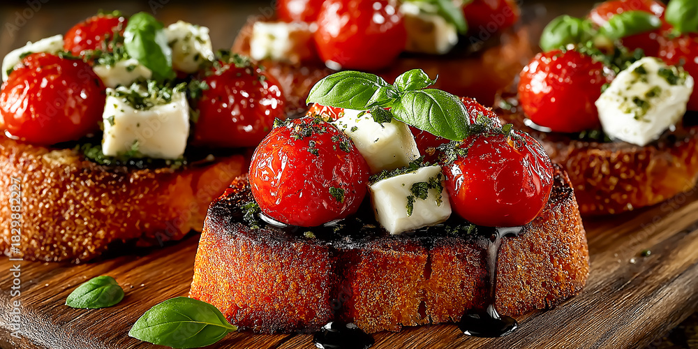 Fototapeta premium バジルペーストとバルサミコ酢をかけた自家製クロスティーニ