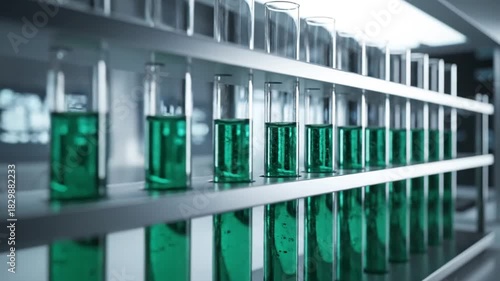 Green chemical solution in glass test tubes arranged on a laboratory rack, symbolizing scientific research and analysis.