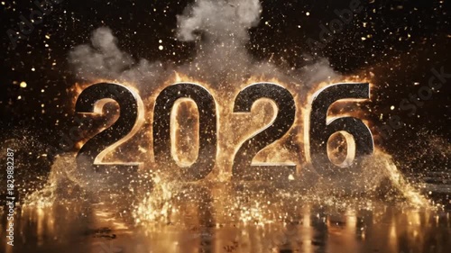 A dynamic cinematic reveal of the numbers 2025, formed by an energetic explosion of shimmering golden particles, bright sparks, and ethereal smoke against a deep, dark background. The metallic, textur