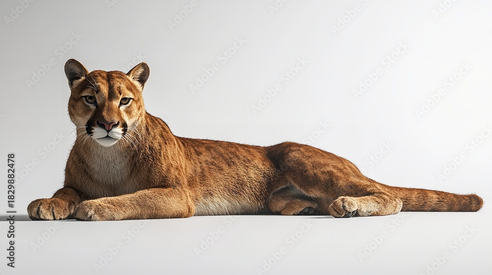 Obraz premium A cougar lying down on a white surface looking directly at the camera in a studio setting