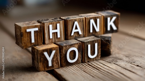 Artistic rustic wooden blocks displaying the gratitude phrase 'Thank You' on wooden surface