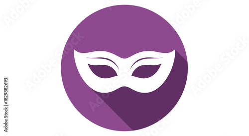 A flat design icon of a white masquerade mask on a purple circular background with a long shadow.